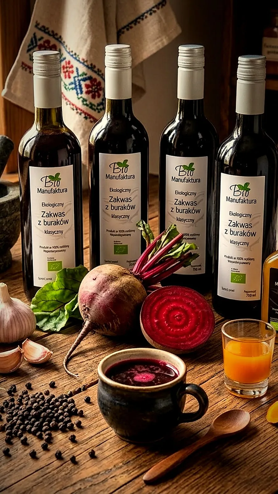 Butelki zakwasu Bio Manufaktura na drewnianym stole z burakami i filiżanką zakwasu